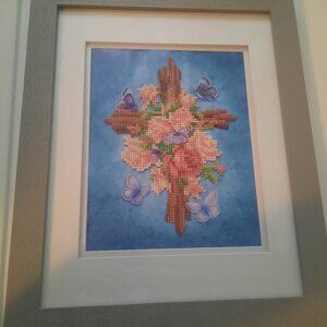 Floral Macrame Painting 13x9 Framed Butterflies and Cross